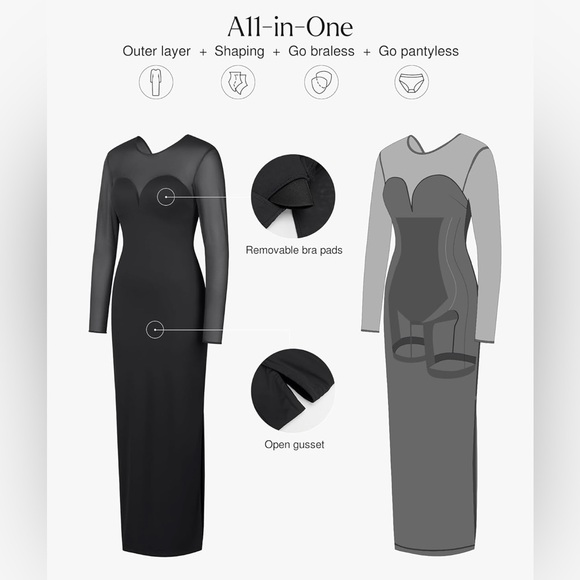 Popilush Long Sleeve Prom Maxi Dress for Women Mesh Shapewear Bodycon Dress - Picture 3 of 8